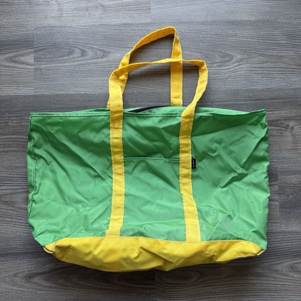 Vintage LL Bean Boat And Tote Bag Large Green Yellow Nylon 80s 90s Oregon Rare